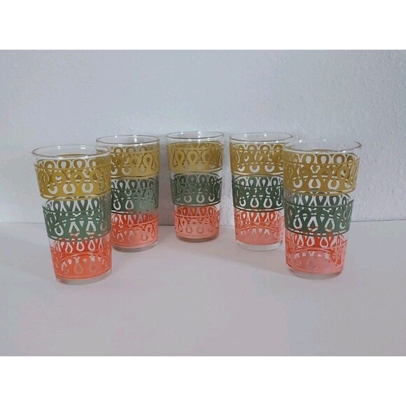 Vintage Continental Can Co 1960's Mustard Sage Orange Glasses Tumblers Set of 5 - Picture 1 of 2